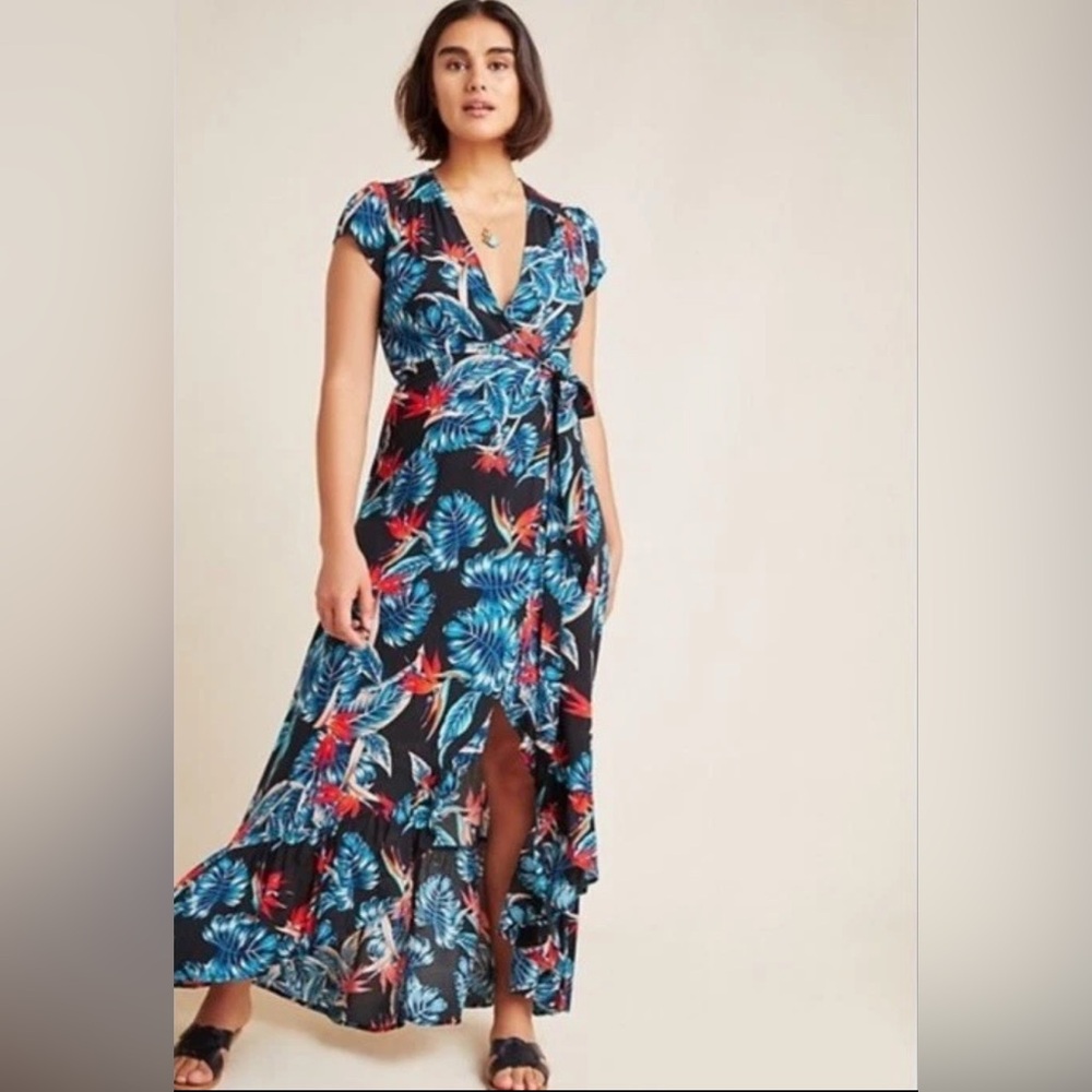 Anthropologie XIX Palms Ibiza Black Floral Maxi Wrap Dress Bohemian Vacation S - Picture 2 of 9